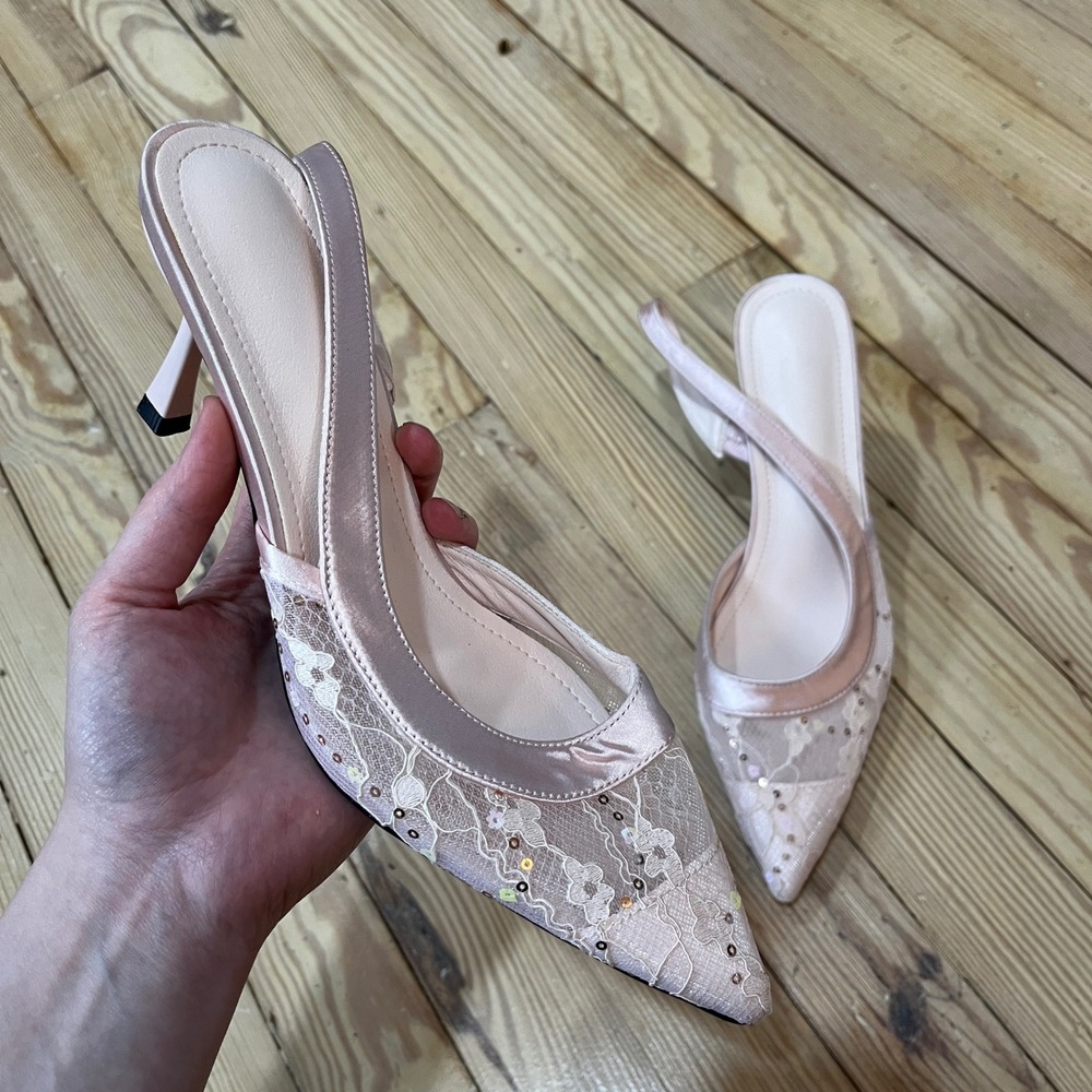 Lace Mesh Slingback Pumps Womens 41 Blush Pink Sequin Pointed Toe Kitten Heels